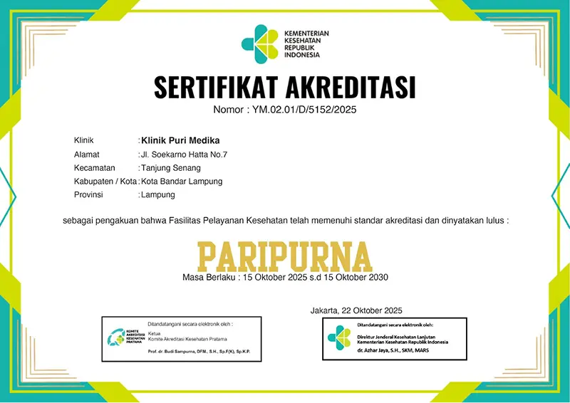 Sertifikat akreditasi Klinik Puri Medika